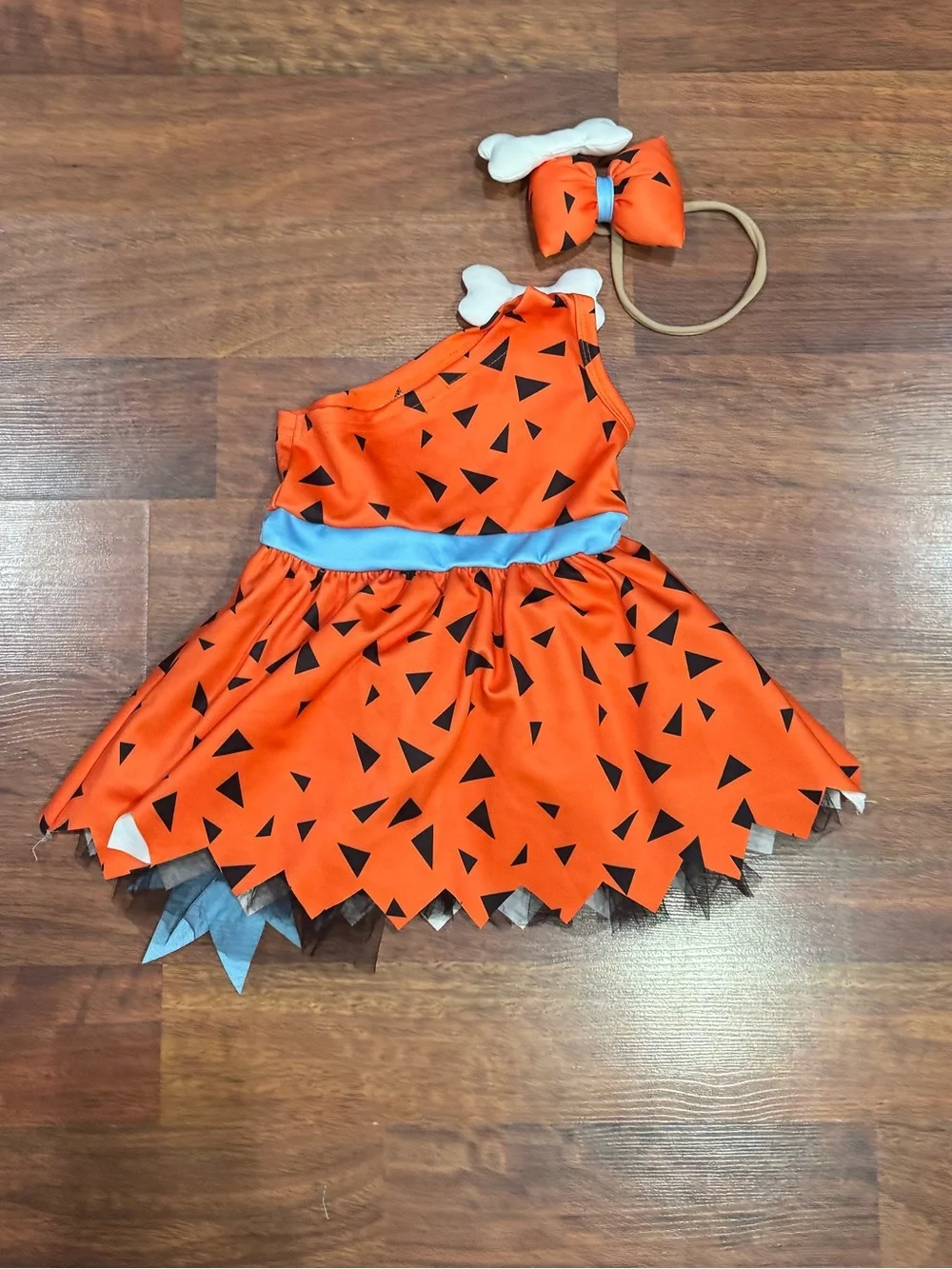 Halloween Costume - Orange Pebbles Flintstone Inspired Dress with Blue Sash
